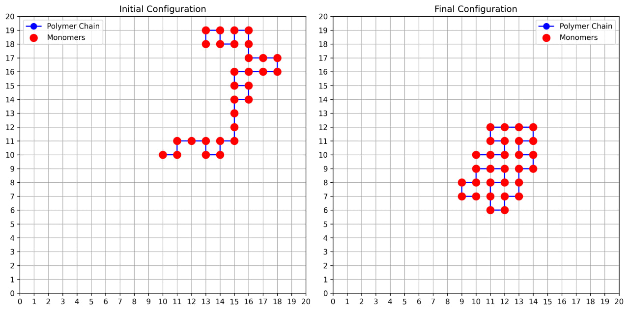 A graph with two square lattices side-by-side.
The left one is titled “Initial Configuration” and it depicts a polymer chain
as ~30 red points in the lattice vertices (captioned “monomers” in the legend),
all connected into a single chain by one-lattice-cell-long blue lines on the edges of the lattice
(captioned “Polymer Chain” in the legend). The chain is approximately C-shaped
usually going one step to the side, then one step forward,
then one step to other side and one step forward again,
but in some places it goes straight for a couple of “units.”
The right lattice is titled “Final Configuration” and is similar to the previous one,
except now all the “monomer” points are next to each other in one continuous blob,
while the blue “polymer chain” goes through them in a shape similar to Hilbert Curve,
but less regular.
